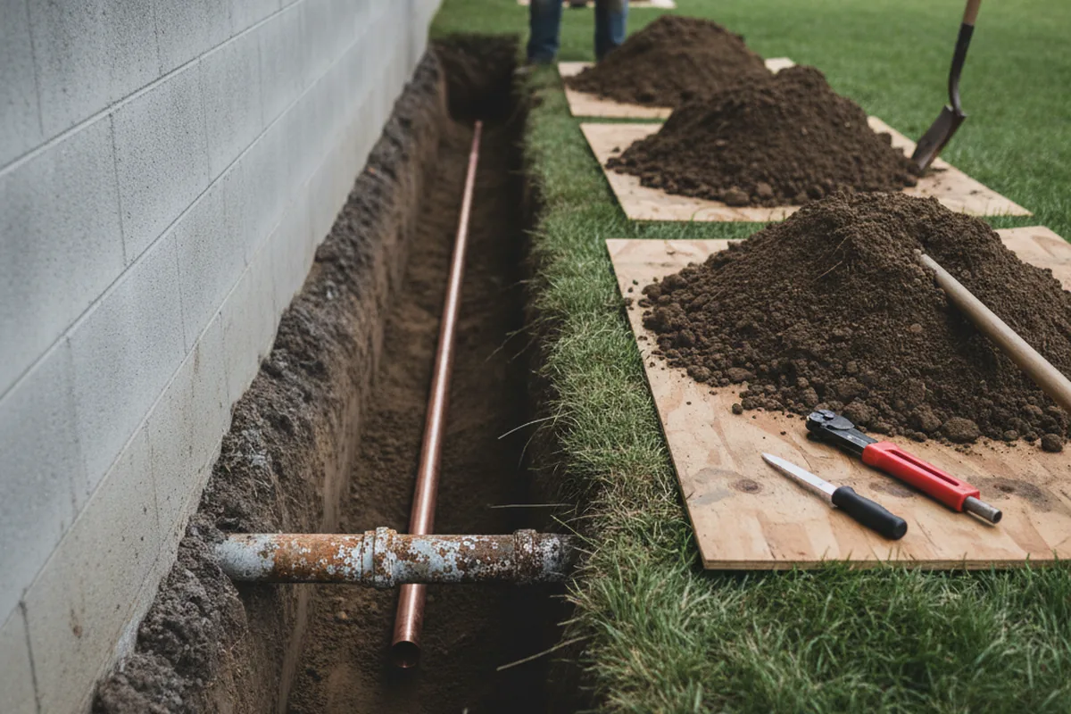 Excavated water line trench during Sewer Line Repair in Yoakum